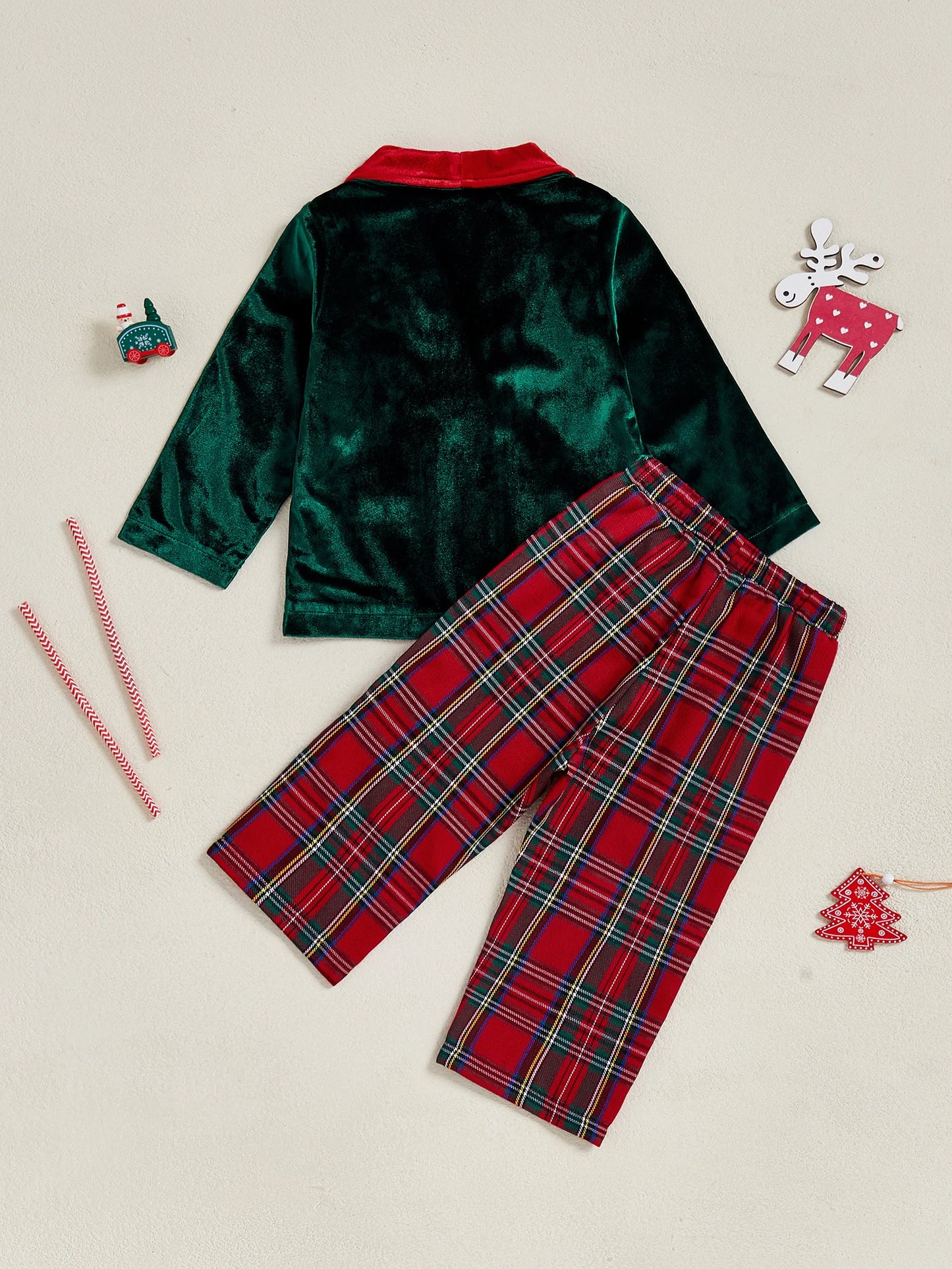 Toddler Christmas Outfit Set with Long Sleeve Button Up Jacket and Plaid Pants - 2 Piece Clothes for Baby Boy