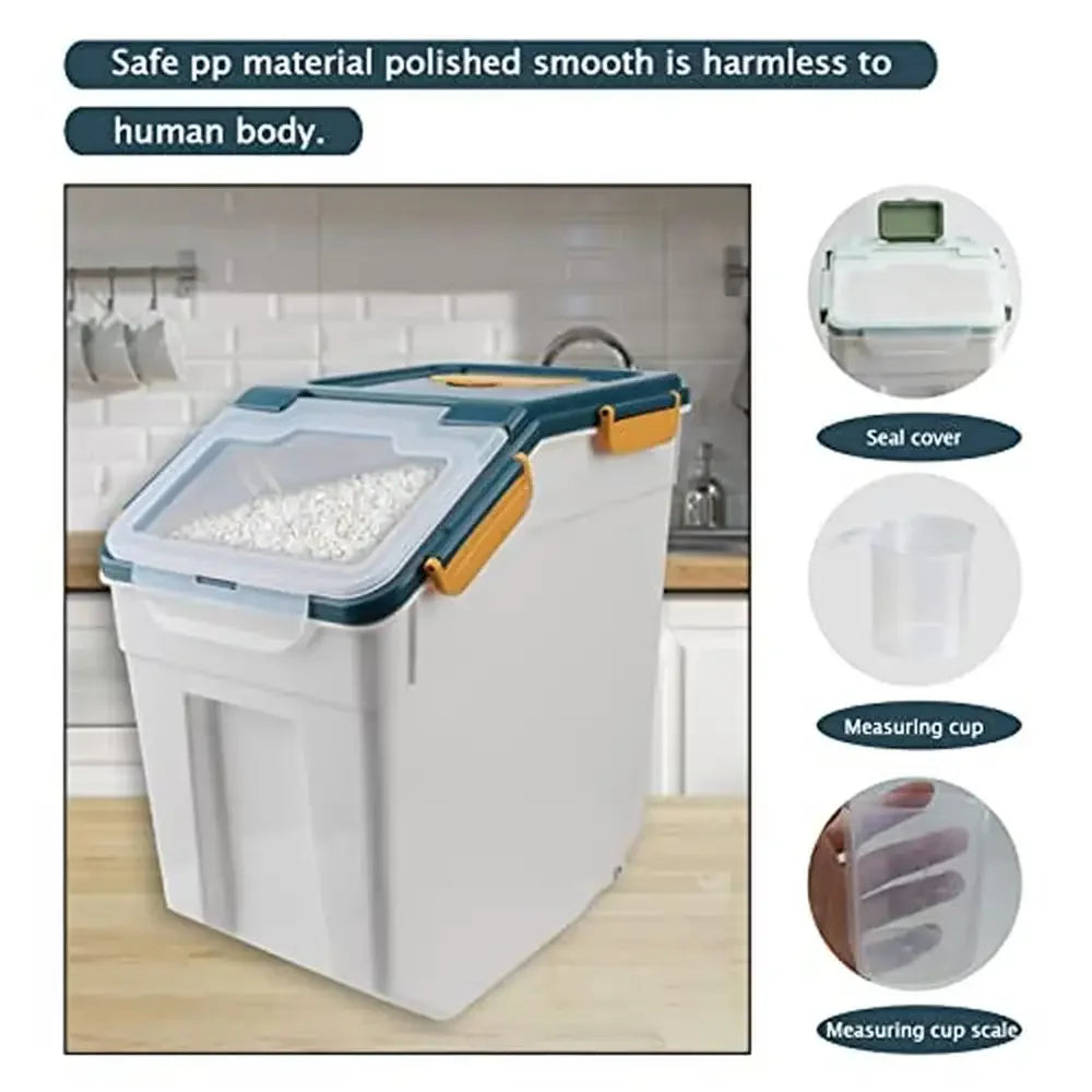 Grain Storage Container 25 lbs Airtight Rice Bin with Wheels Seal Locking Lid BPA Free Pet Food Storage with Measuring Cup Scoop