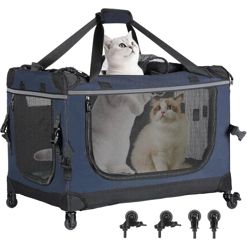 Foldable Cat Carrier with Removable Wheels – Large Pet Travel Carrier for Cats & Small Dogs, Breathable & Sturdy for Car