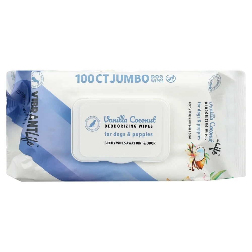 Jumbo Dog Deodorizing Wipes 100 Count Coconut Vanilla Scent Moisturizing Aloe Vitamin E Gentle Clean Instant Bath pH Balanced