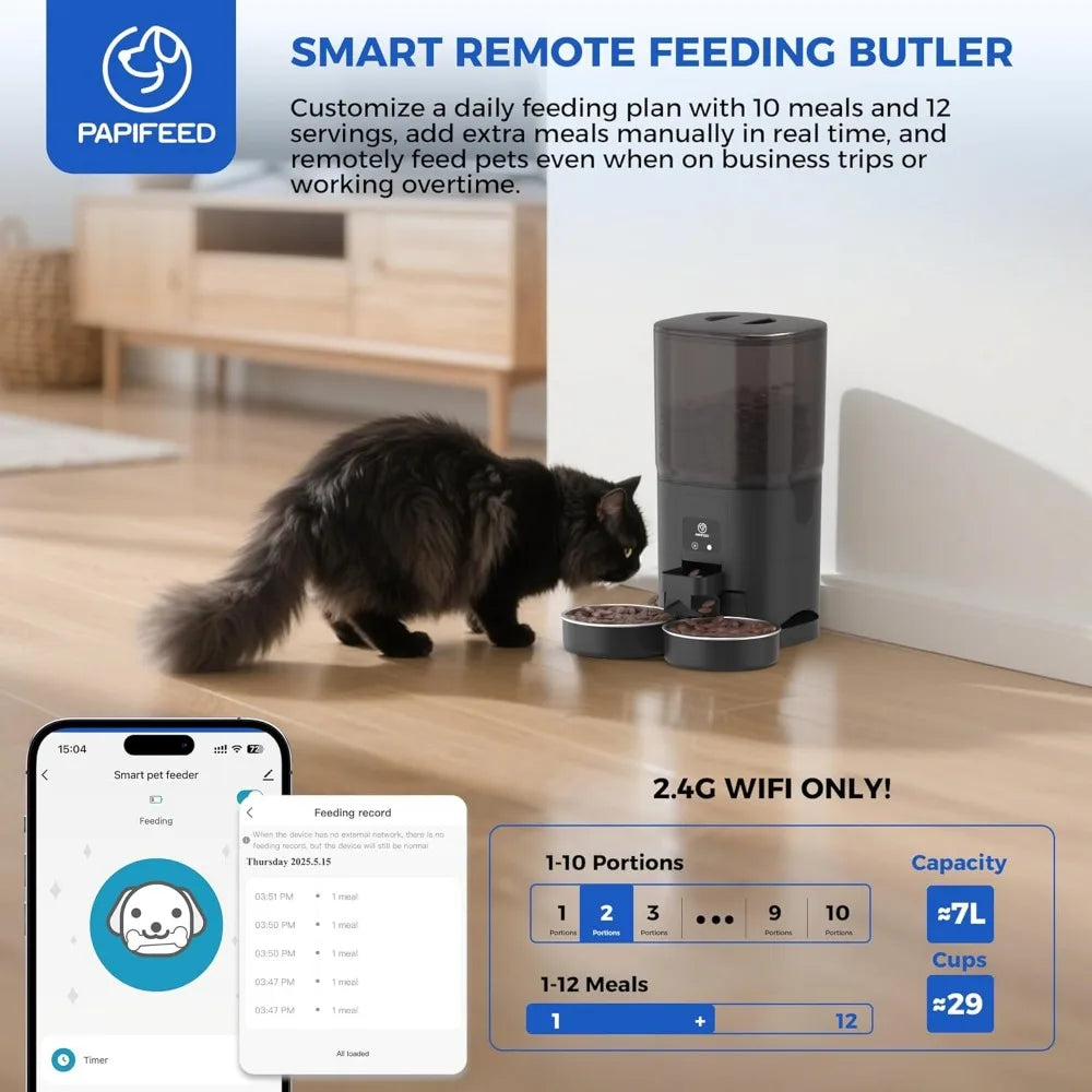 7L Automatic Cat Feeder for 2 Cats - 2.4G WiFi Timed Auto Feeder with APP Control, Cat Food Dispenser with Alexa for Multiple C