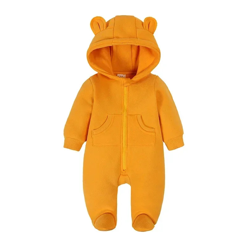 2024 Newborn Baby Winter Warm Romper Solid Pocket Hooded Bear Thick Clothes 0-24M Infant  Boy Girl Outfits Bodysuit