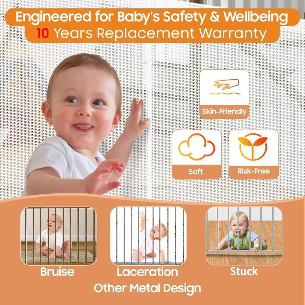 Extra Wide and Tall Retractable Baby and Dog Gate with Mesh and Support Rods for Child Safety