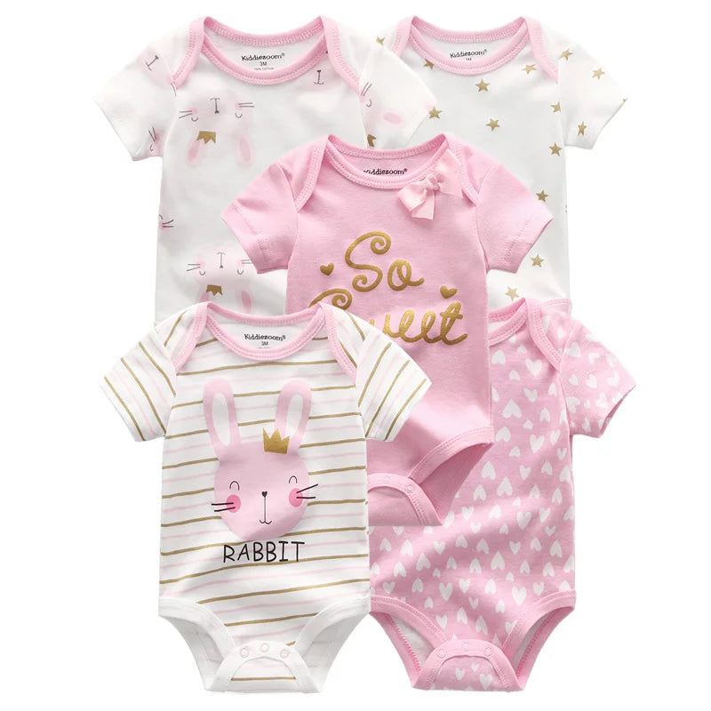 Summer 5 Piece Fashion Cartoon Boys and Girls Bodysuits 100% Cotton Soft Newborn Bodysuit Set