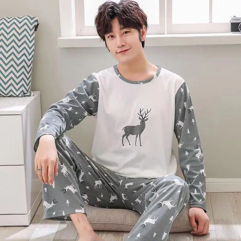2Pcs/set men's pajamas set of large size long-sleeved long trousers autumn and winter students home clothing round neck autumn m