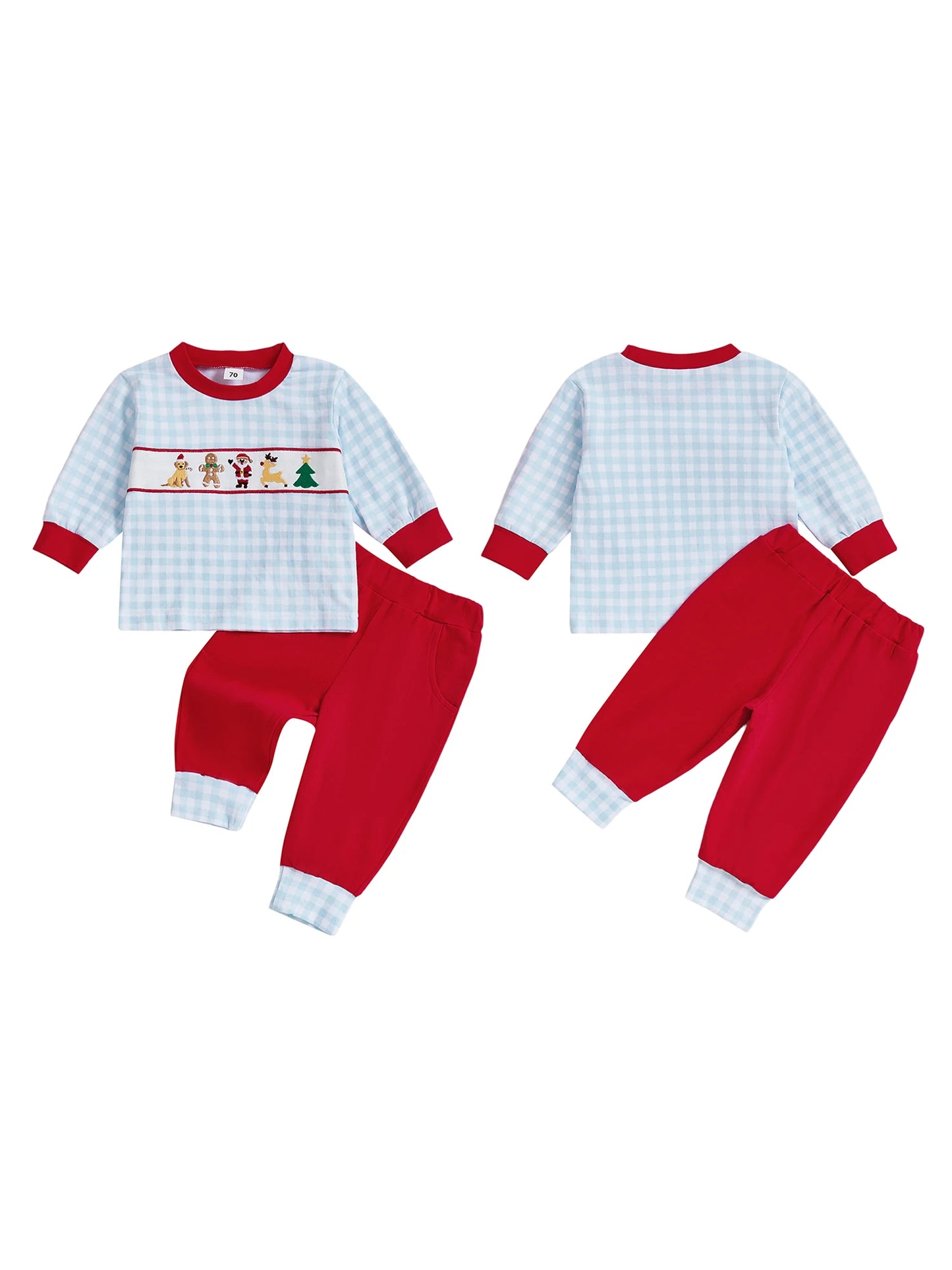 Kids 2-Piece Christmas Pajama Set with Long Sleeve Embroidered Top and Pants for Boys Sleepwear Outfit