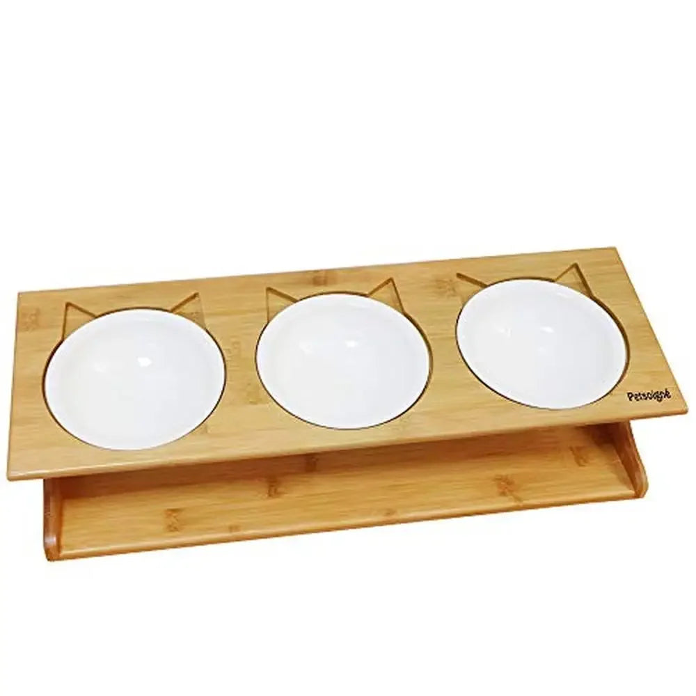 Elevated Cat Bowls with Bamboo Stand Bone China & Stainless Steel Pet Dining Table Cats Dogs Kitten Puppy Raised Slope Oblique