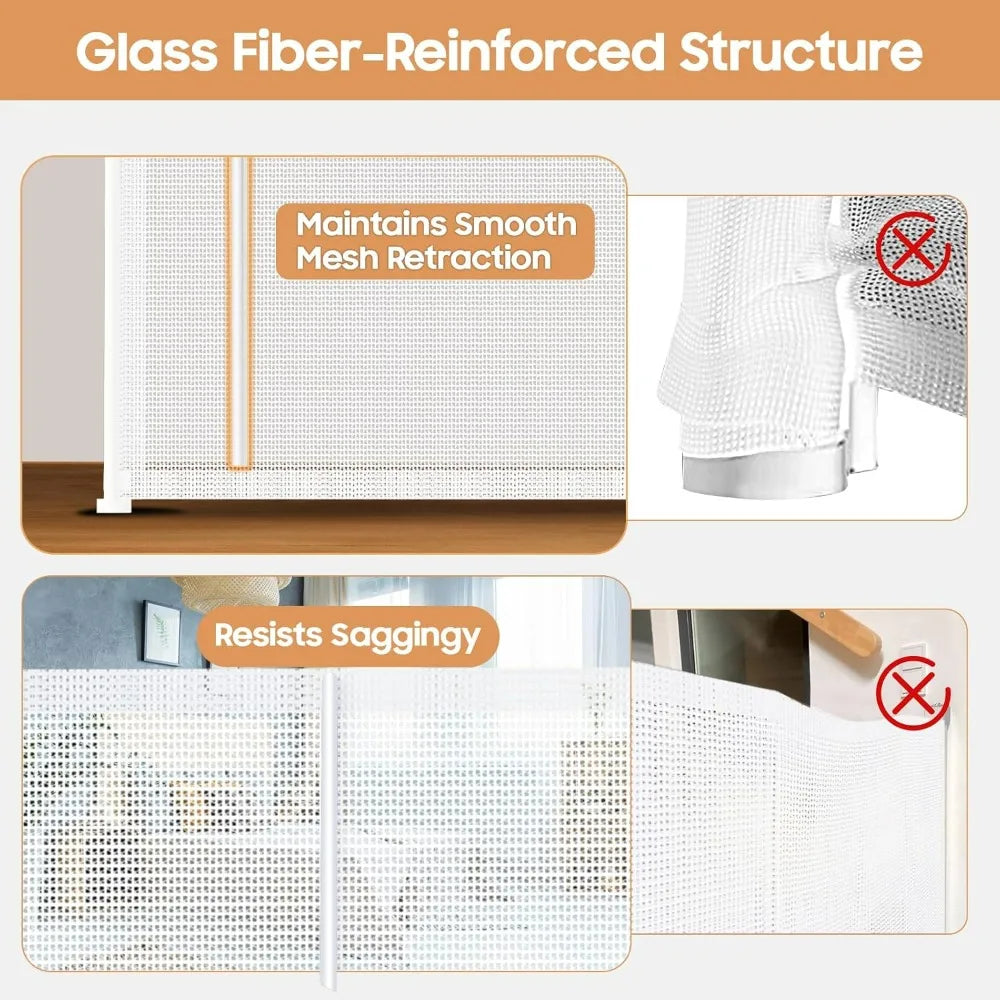 Extra Wide and Tall Retractable Baby and Dog Gate with Mesh and Support Rods for Child Safety