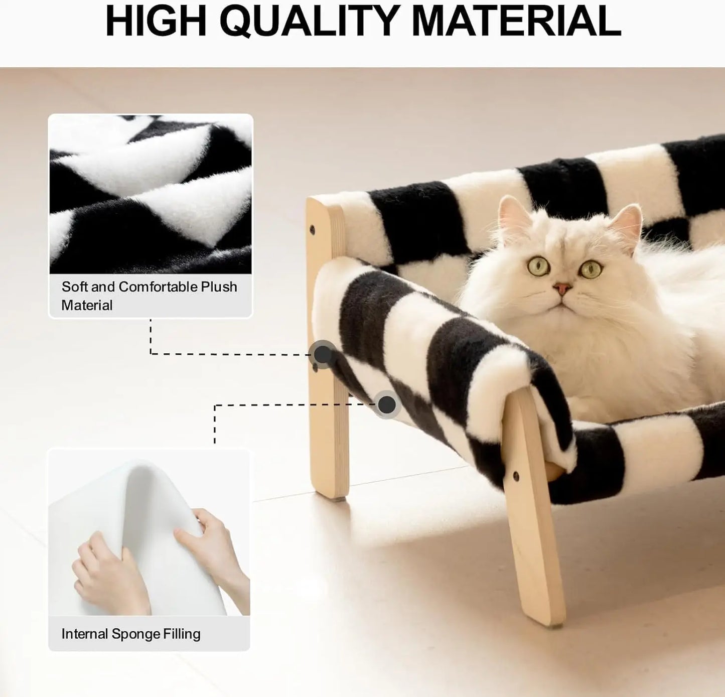 Cat Couch Bed Pet Sofa Wooden Indoor Elevated Cat Beds with Removable Mattress Cover Suitable for Animal Chessboard M