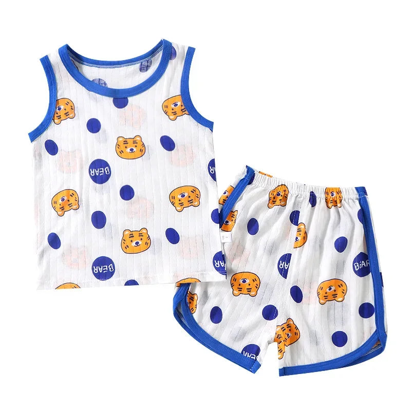 2025 New Kids Sleeveless Set Summer Cotton Girls' Shorts Pajamas Korean Style Boys' Tank Top Outfit Children Clothing Set