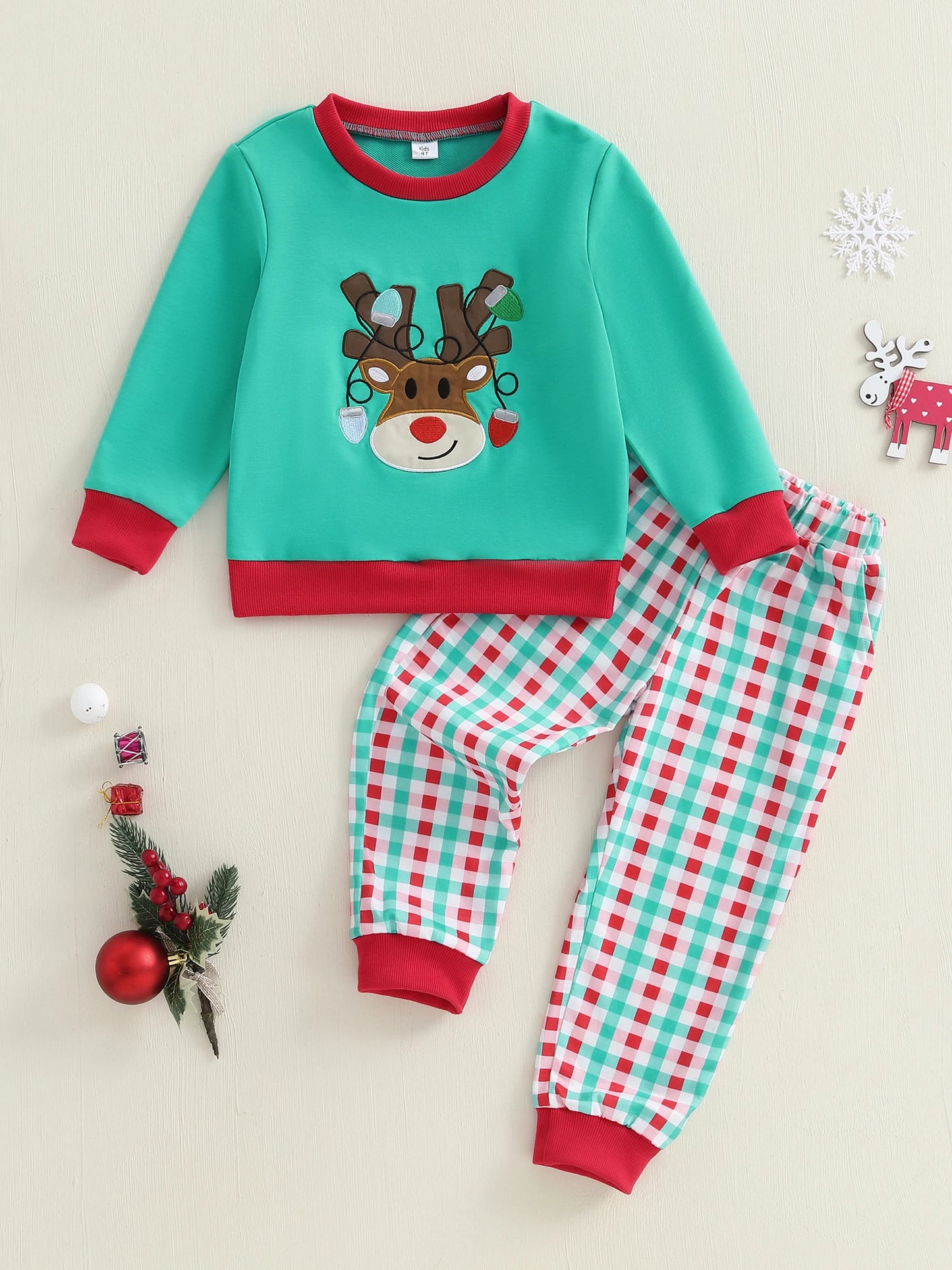 Children s Christmas Outfit Festive Long Sleeve Crew Neck Hoodie with Embroidered Reindeer and Matching Plaid Sweatpants Set