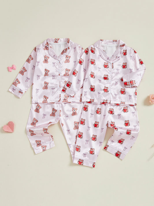 Cute Toddler Girl Valentine s Day Pajamas Set with Heart Print Lapel Long Sleeve Button Down Tops and Pants Cozy Sleepwear