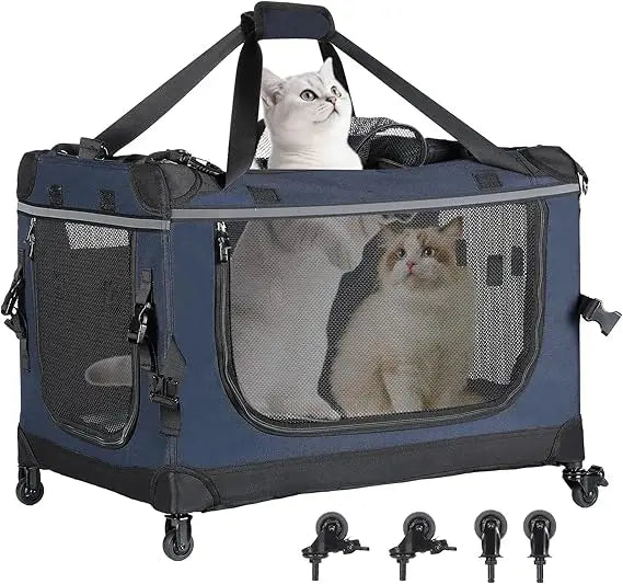 Foldable Cat Carrier with Removable Wheels – Large Pet Travel Carrier for Cats & Small Dogs, Breathable & Sturdy for Car