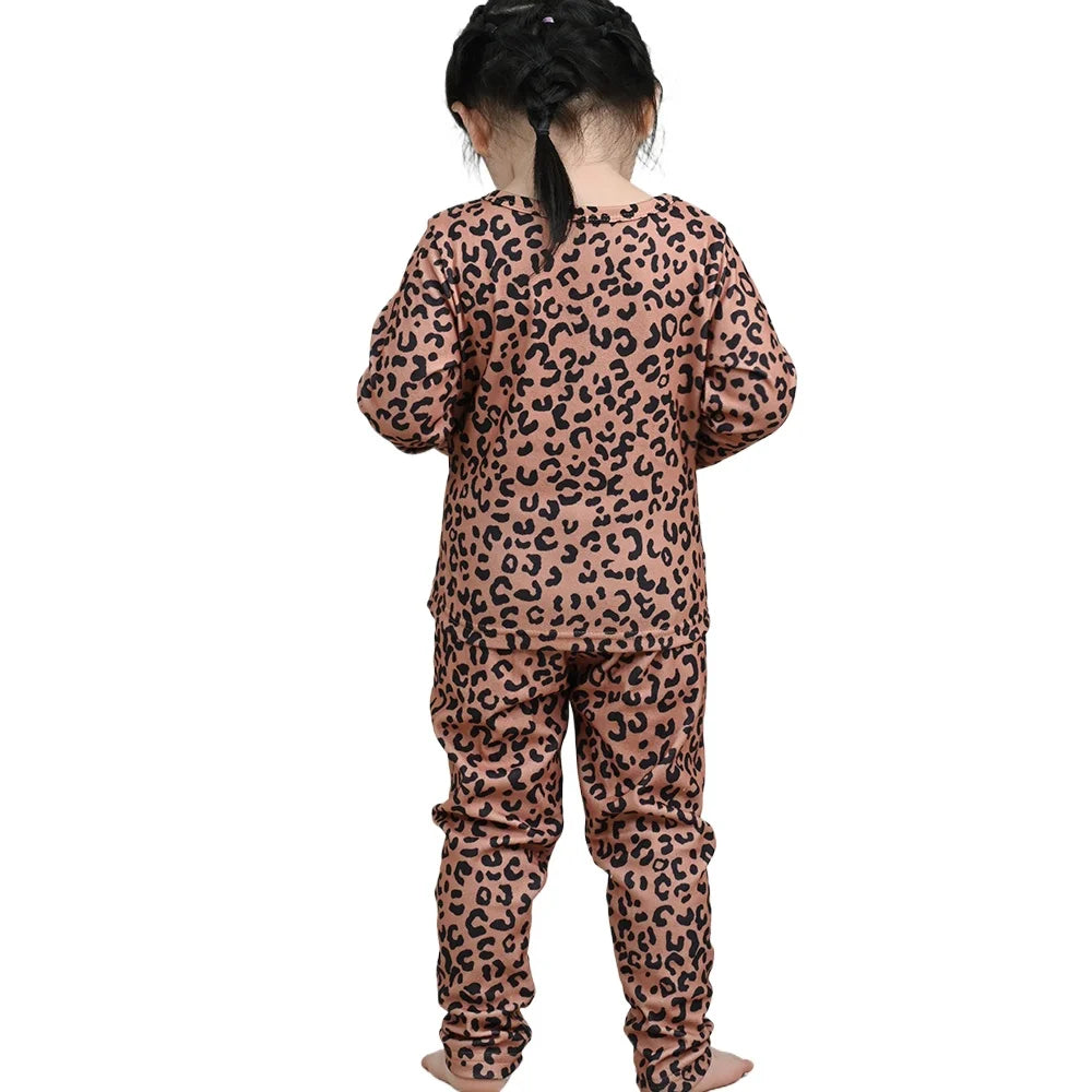 New Kids' Pajama Set Fashion Cute Leopard Print Spring Autumn Girls' Long Sleeve Long Pants Velvet Sleepwear Children's Clothing