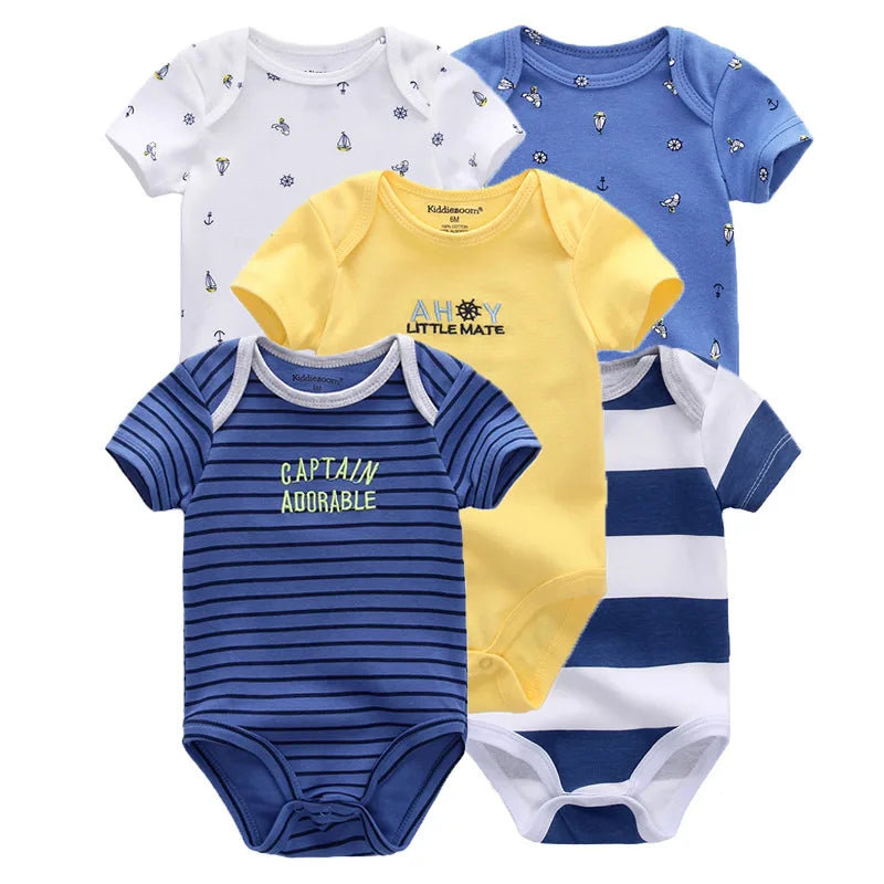 Summer 5 Piece Fashion Cartoon Boys and Girls Bodysuits 100% Cotton Soft Newborn Bodysuit Set