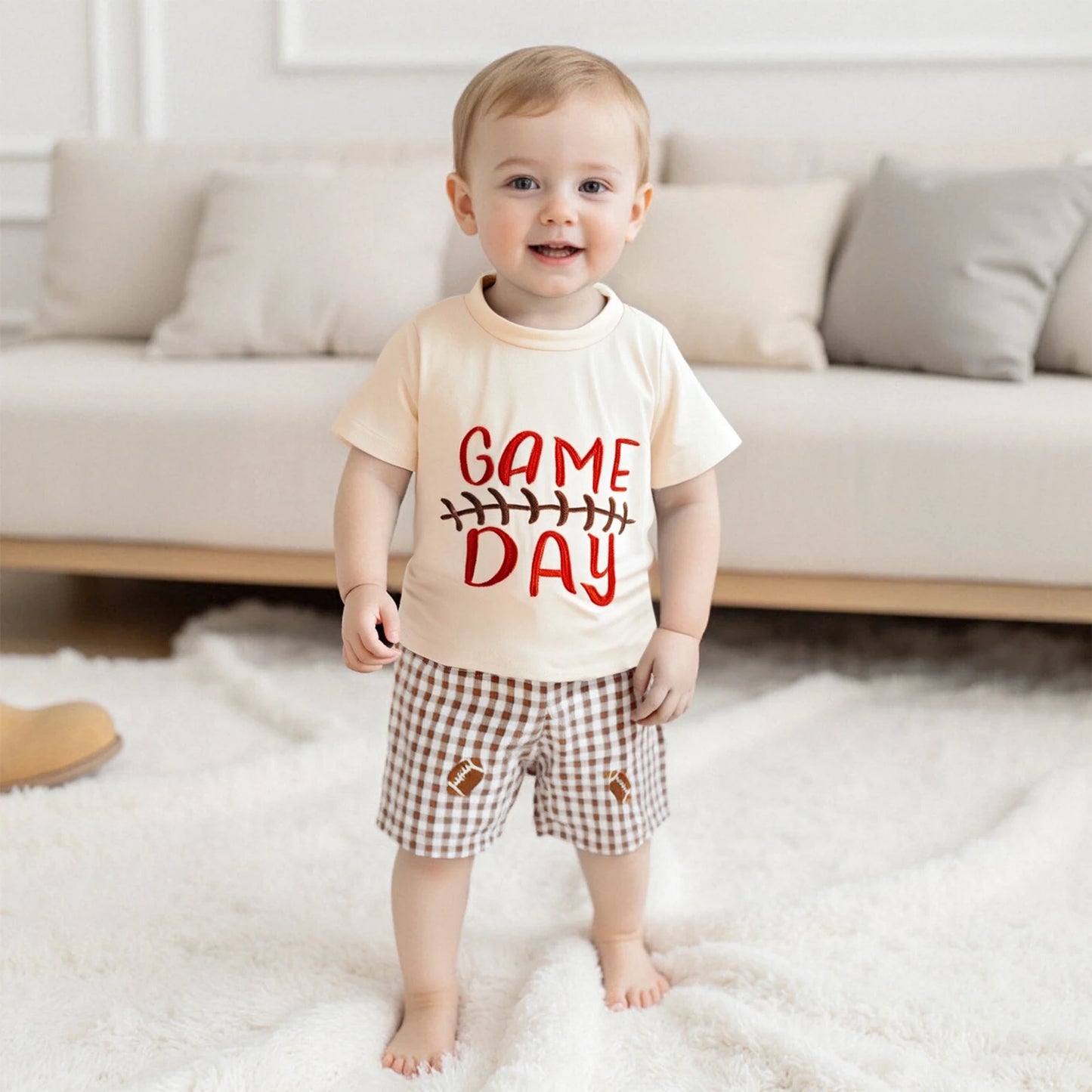 Infant Boy Soccer Jersey Loose Fit Graphic Print Tee with Checkered Shorts 2 Piece Set for Warm Weather Fun