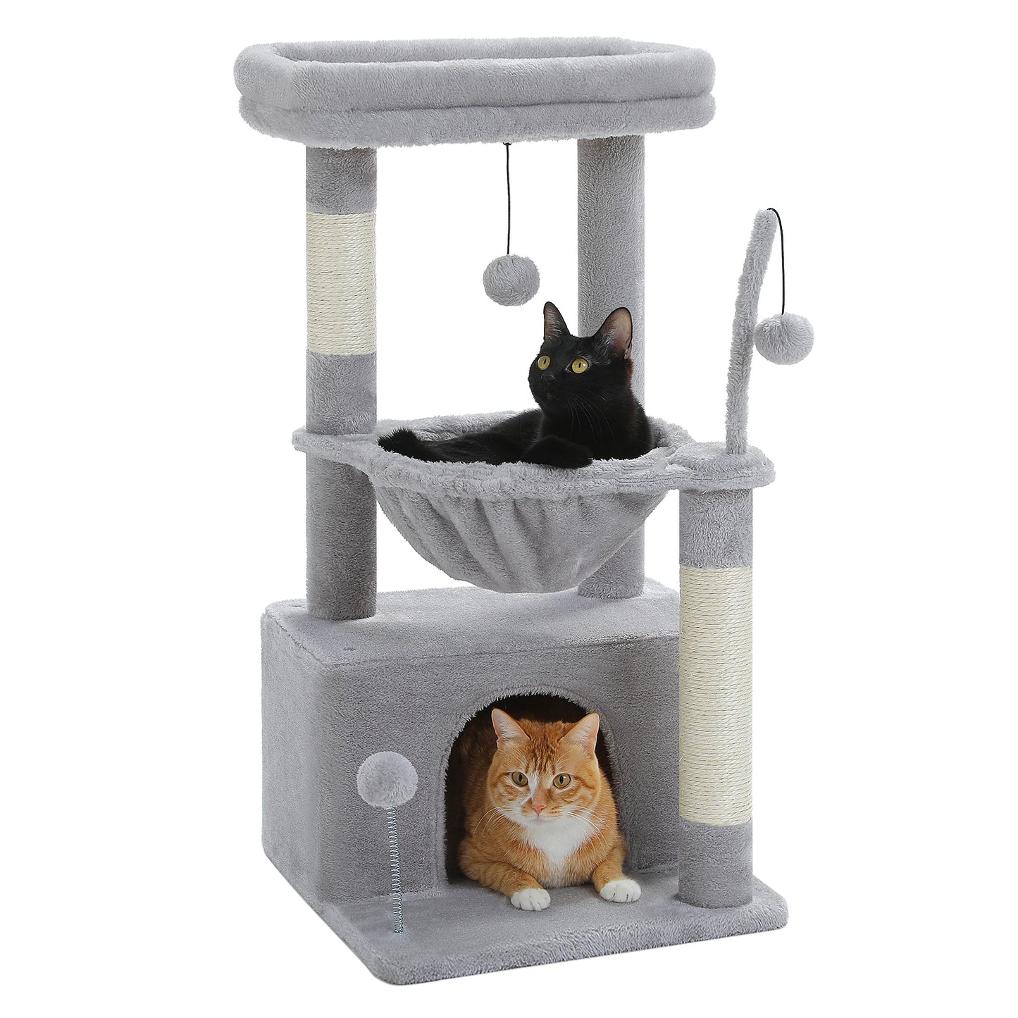 4-in-1 Cat Tree with Large Cat Condo, Sisal Scratching Post, Deep Hammock, Cozy Top Perch, Small Cat Tower for Indoor, Cat Toys