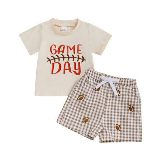 Infant Boy Soccer Jersey Loose Fit Graphic Print Tee with Checkered Shorts 2 Piece Set for Warm Weather Fun
