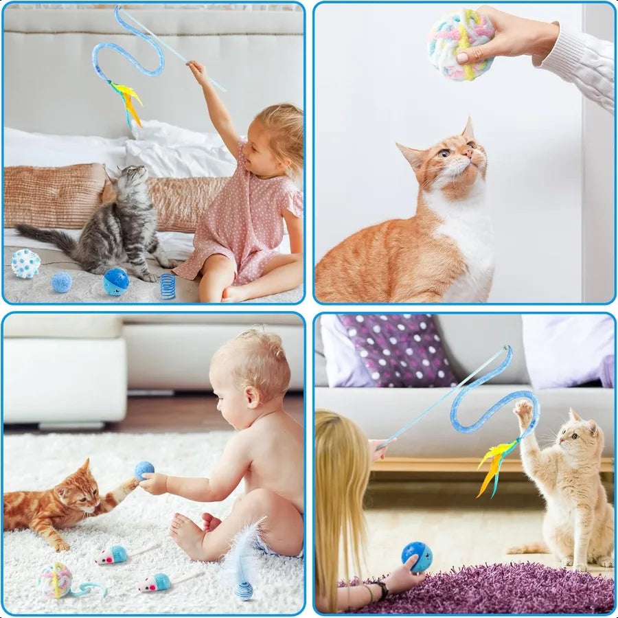 10Pcs Cat Toy Set Including Cat Springs Feather Teaser Wand Mice Crinkle Balls and Pet Bell Balls Puzzle Interactive Pet Gift P