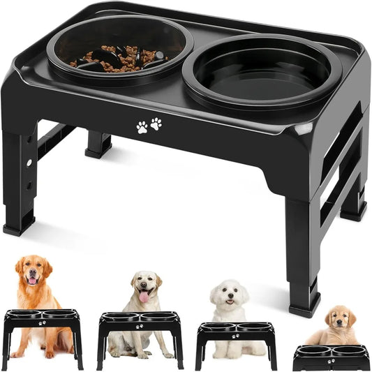 Elevated 2-in-1 Dog Feeder With Slow Feeder and Water Bowl, 4 Heights Adjustable Raised Stand, Non-Slip Food Bowl for Medium Lar