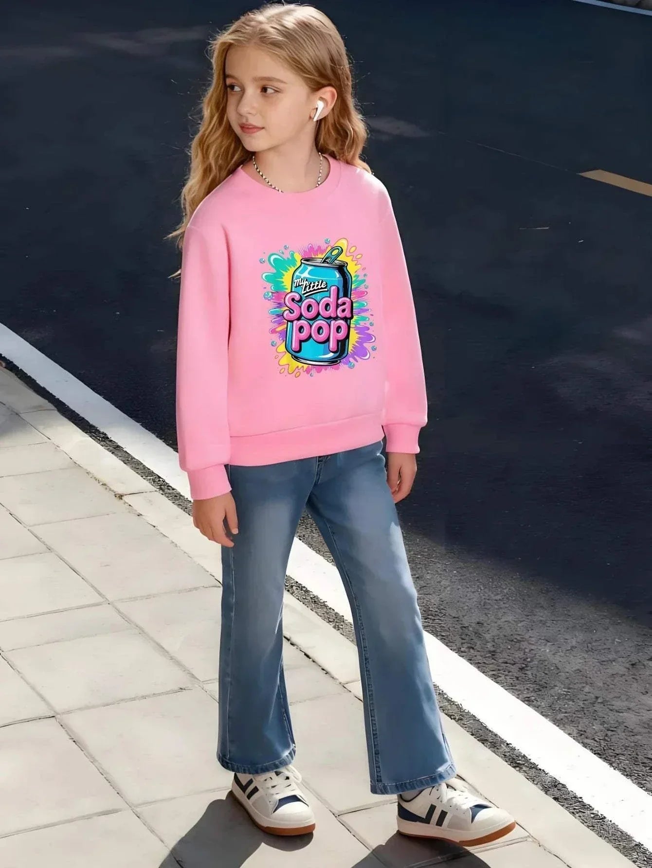 Kids crew neck sweatshirt white cotton pullover with colorful soda pop can cartoon design for boys and girls