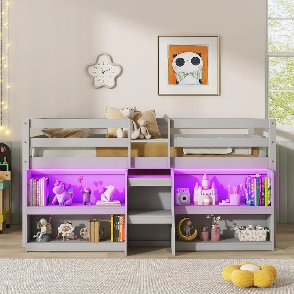 Low Loft Bed with LED Lights, Wooden Loft Bed Twin Size with Stairs & Safety Guardrail, Loft Bed for Kids with Storage