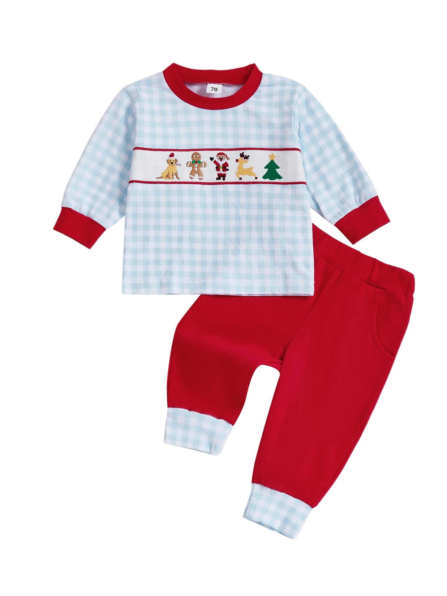 Kids 2-Piece Christmas Pajama Set with Long Sleeve Embroidered Top and Pants for Boys Sleepwear Outfit