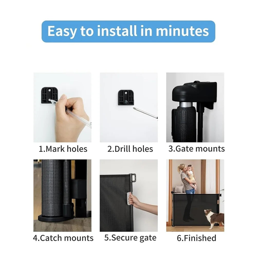 Retractable Baby Gate Mesh Child Safety Gate Dog Gate Easy Install One Hand Operation Adjustable Hardware Mount Stairs Doorways