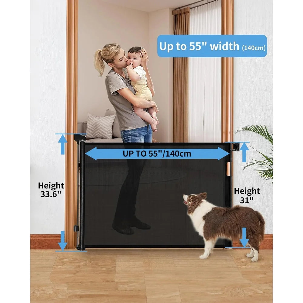 Retractable Baby Gate Mesh Child Safety Gate Dog Gate Easy Install One Hand Operation Adjustable Hardware Mount Stairs Doorways