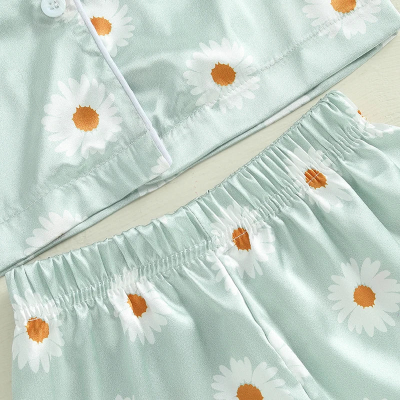 Unisex Summer Silk Pajama Set with Tropical Print Short Sleeve Lapel Button Down Shirt and Matching Shorts for Loungewear