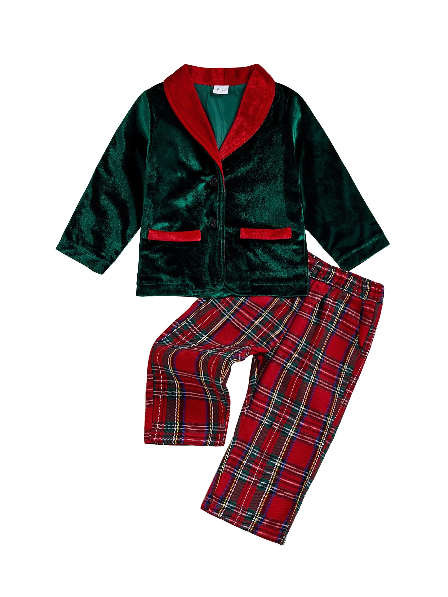 Toddler Christmas Outfit Set with Long Sleeve Button Up Jacket and Plaid Pants - 2 Piece Clothes for Baby Boy