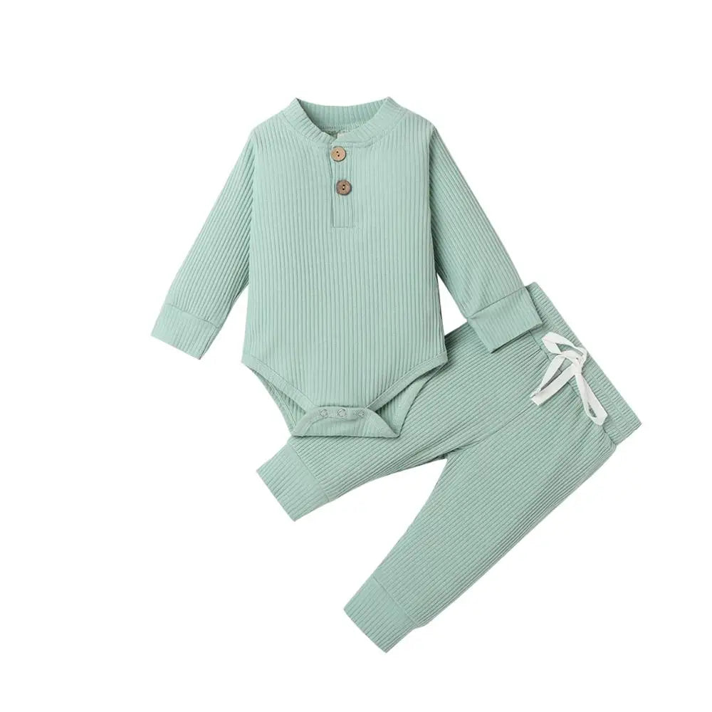 Spring Autumn Newborn Infant 2PCs Clothes Set for Boys & Girls Ribbed/Plaid/Solid Long Sleeve Bodysuit + Elastic Pants