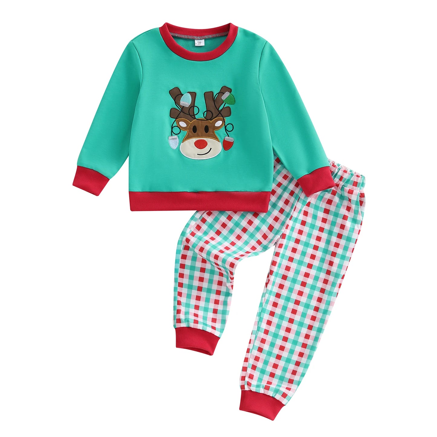 Children s Christmas Outfit Festive Long Sleeve Crew Neck Hoodie with Embroidered Reindeer and Matching Plaid Sweatpants Set