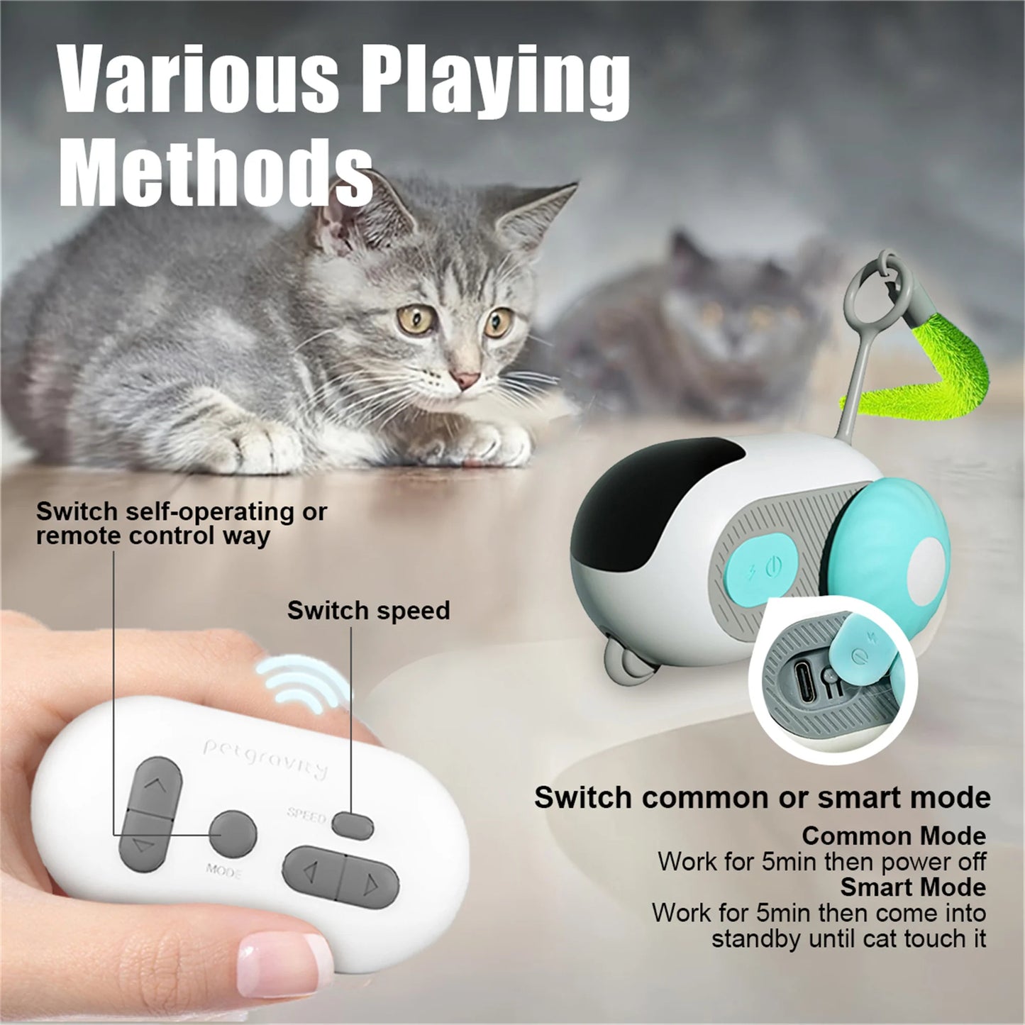 1pc Interactive Automatic Remote Control Cat Mice Car Toy and 1pc Smart Electric Moving Speedy Cat Ball Toy with Feather Tail