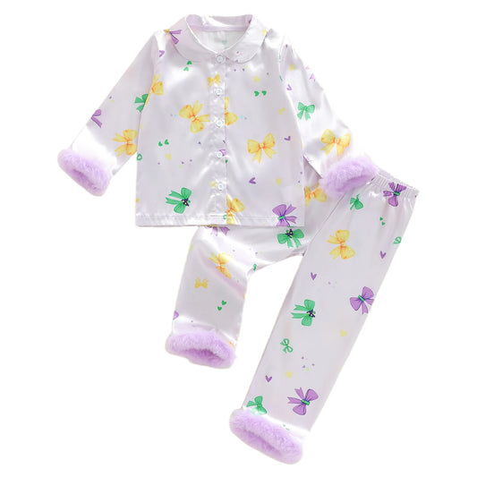 Adorable Baby Girls Easter Pajamas Sets Sweet Bunny Printed Lapel Long Sleeve Tops with Pants 2Pcs Sleepwear for Toddlers