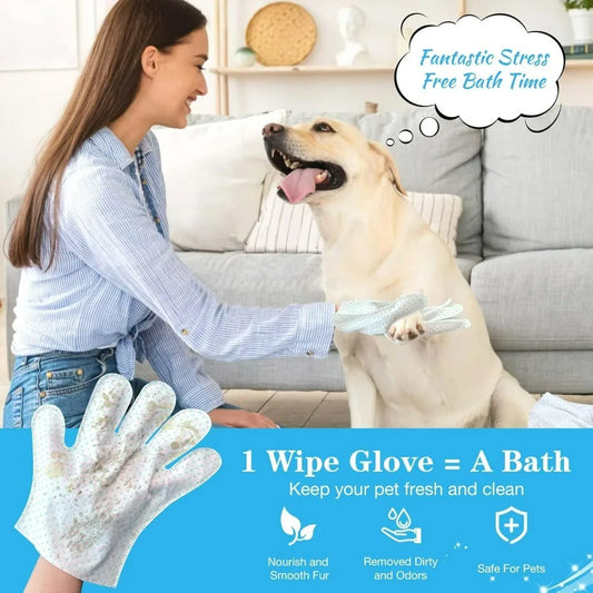 Dog Cleaning Gloves Wipes 15pcs Deodorizing Disposable Pet Grooming Bathing Gloves Extra Thick, No Rinse Shampoo Dry Cleaning