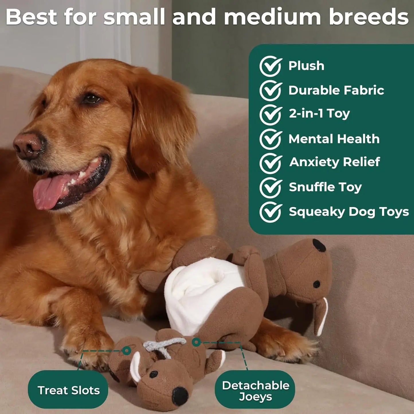 Interactive Kangaroo Plush Dog Toy with Squeaker & Treat Pouch - Snuffle Enrichment Puzzle for Small Medium Dogs