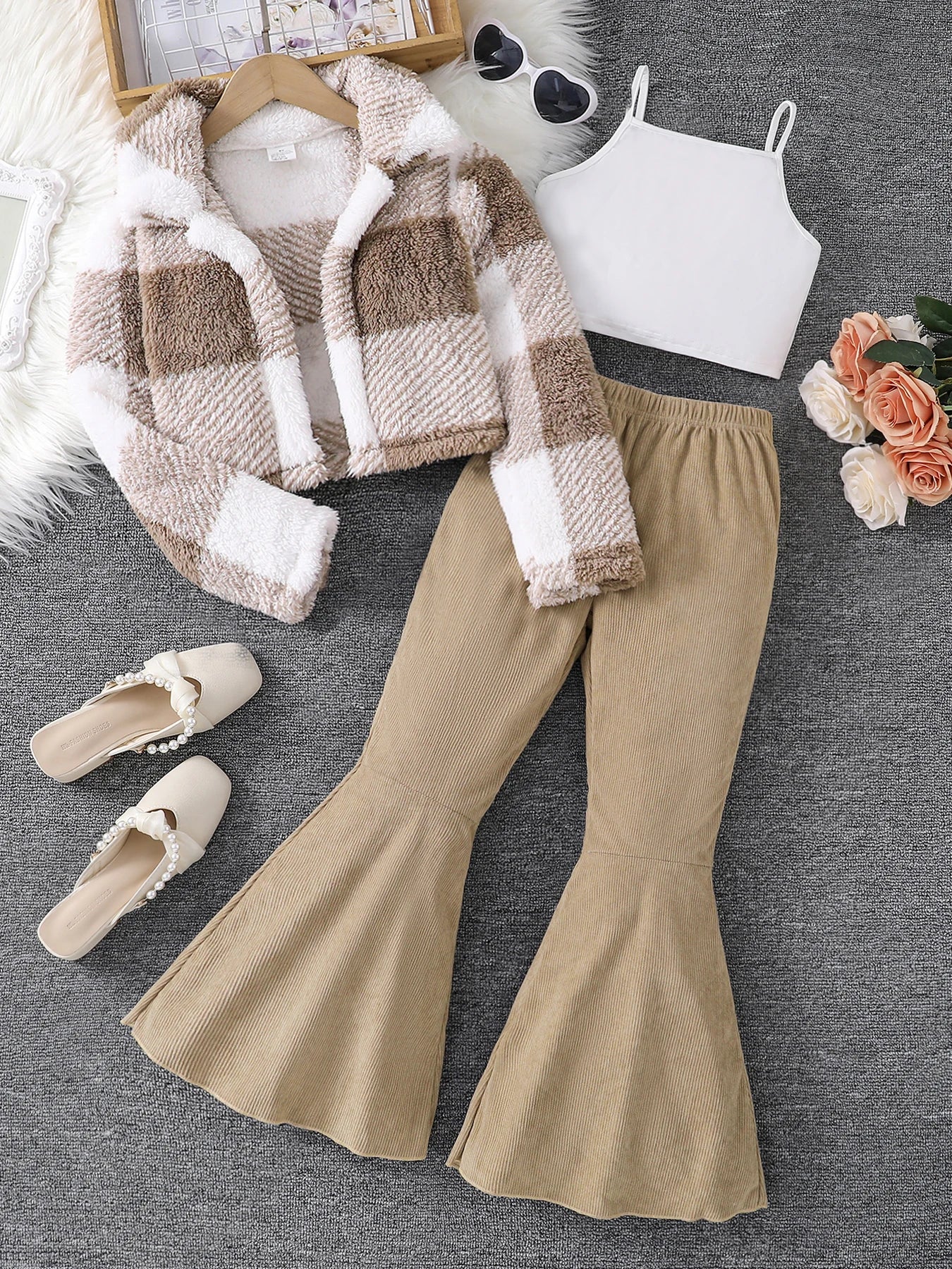 Autumn and winter girls' clothing 3-piece set with stand-up collar and down jacket   solid color vest   casual long pants set