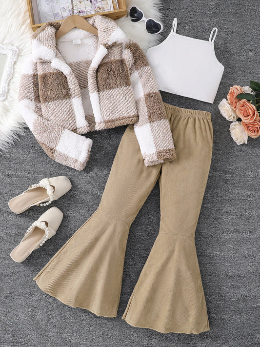 Autumn and winter girls' clothing 3-piece set with stand-up collar and down jacket   solid color vest   casual long pants set