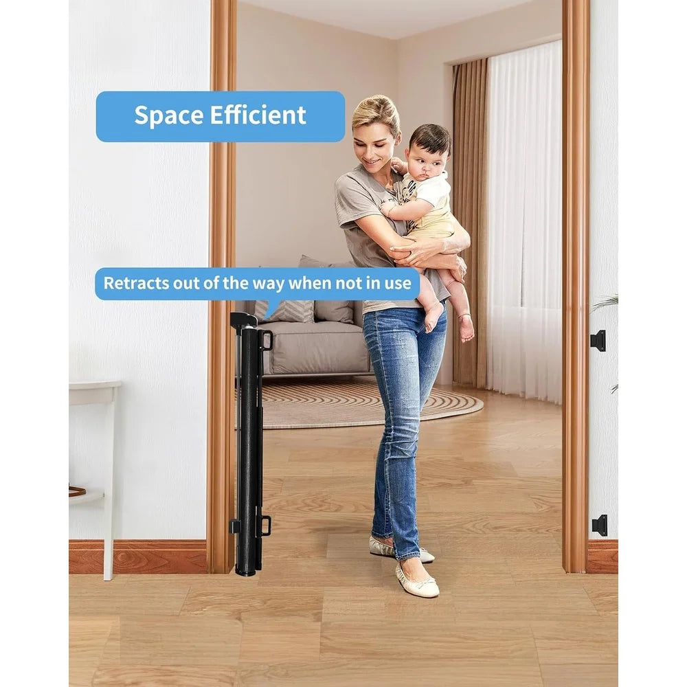 Retractable Baby Gate Mesh Child Safety Gate Dog Gate Easy Install One Hand Operation Adjustable Hardware Mount Stairs Doorways