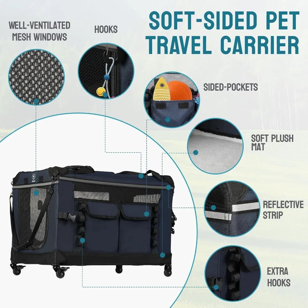 Foldable Cat Carrier with Removable Wheels – Large Pet Travel Carrier for Cats & Small Dogs, Breathable & Sturdy for Car