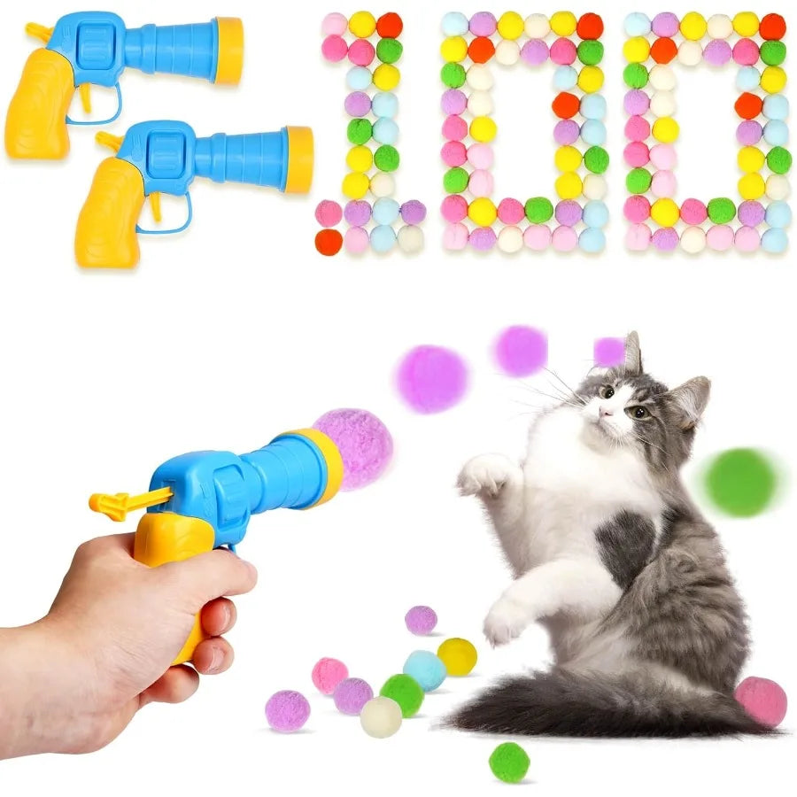 100Pcs Cat Toys Pom Pom Ba with 2 Launchers Set Interactive Cat Toy Stuff for Indoor Both Adult and Kitten Toys