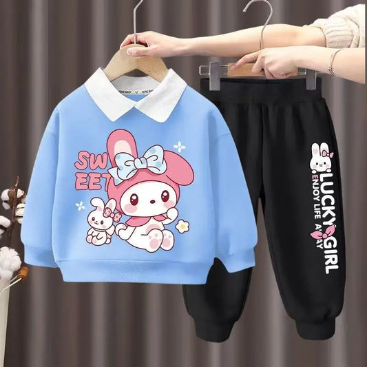 Autumn Kid Girls Clothes Set Children Boy Lapel Cartoon Bear Printed Sweatshirts Pullover Top And Pants Bottom Suit Tracksuits