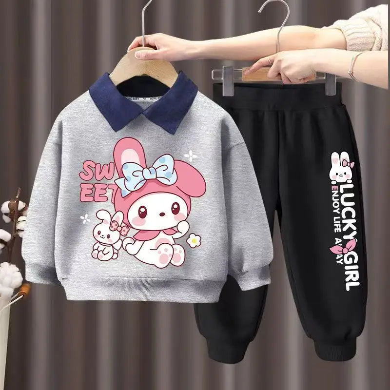 Autumn Kid Girls Clothes Set Children Boy Lapel Cartoon Bear Printed Sweatshirts Pullover Top And Pants Bottom Suit Tracksuits