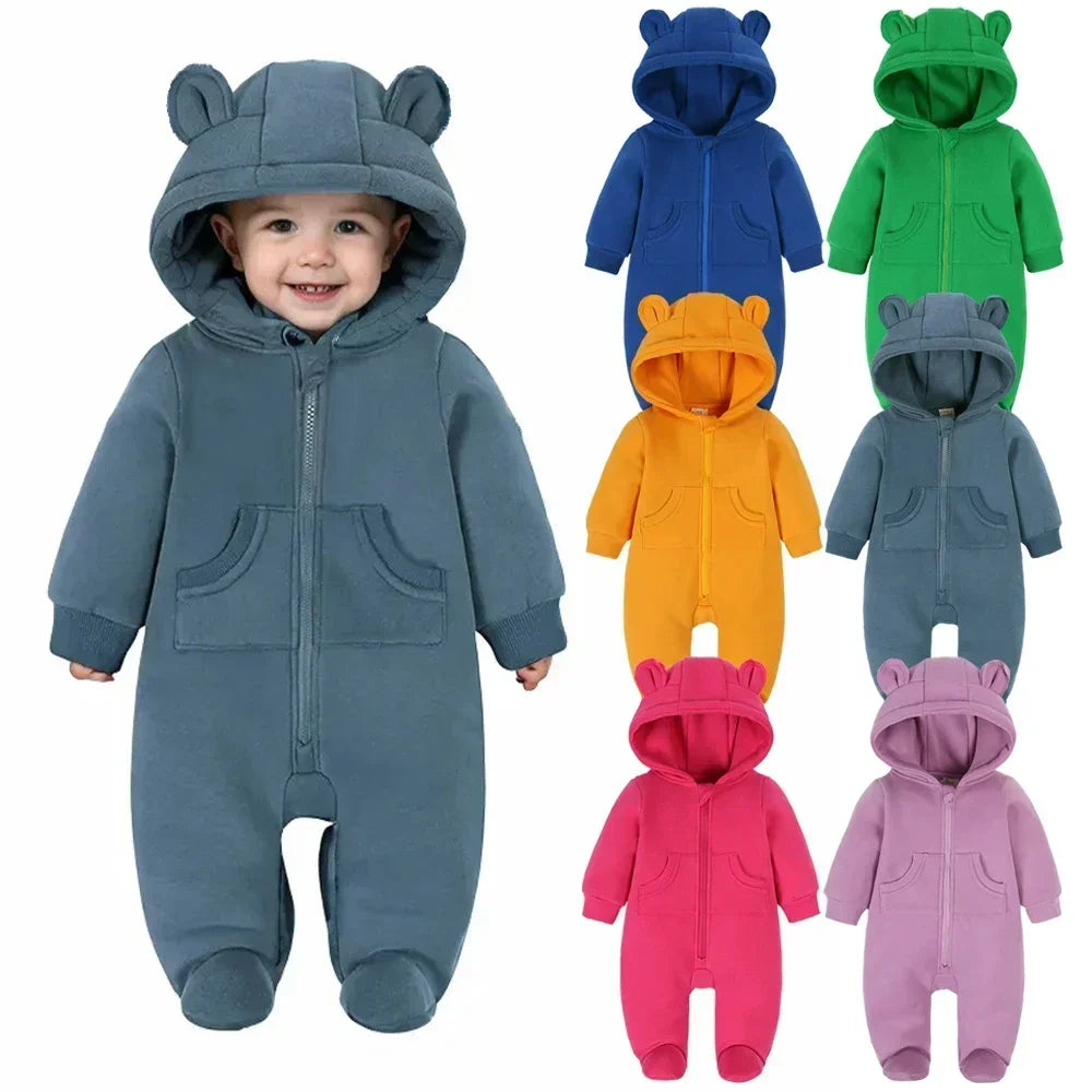 2024 Newborn Baby Winter Warm Romper Solid Pocket Hooded Bear Thick Clothes 0-24M Infant  Boy Girl Outfits Bodysuit