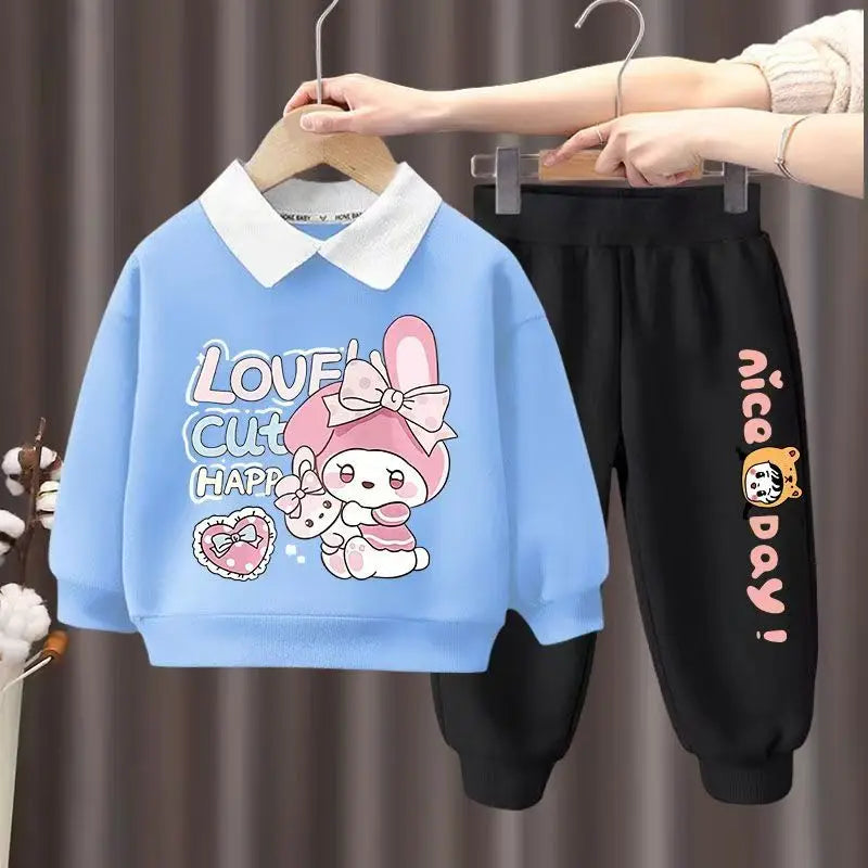 Autumn Kid Girls Clothes Set Children Boy Lapel Cartoon Bear Printed Sweatshirts Pullover Top And Pants Bottom Suit Tracksuits