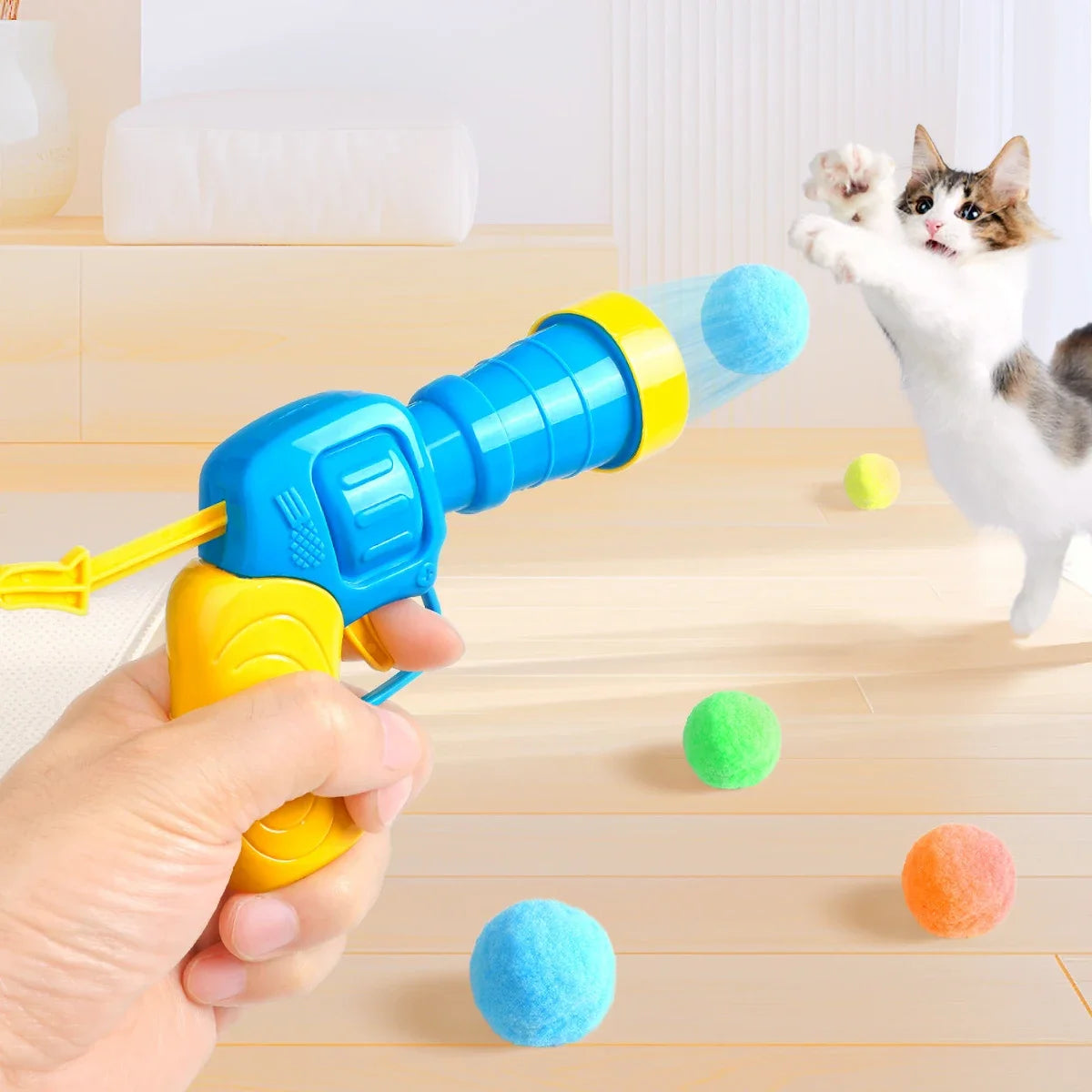 Cat Toy Ball Launcher Gun with 50-100Pc Pom Pom Plush Balls Interactive Fetch Shooting Gun for Cats Pet Play Equipment