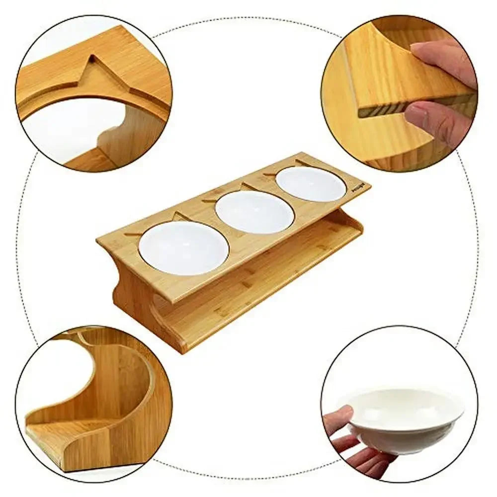 Elevated Cat Bowls with Bamboo Stand Bone China & Stainless Steel Pet Dining Table Cats Dogs Kitten Puppy Raised Slope Oblique