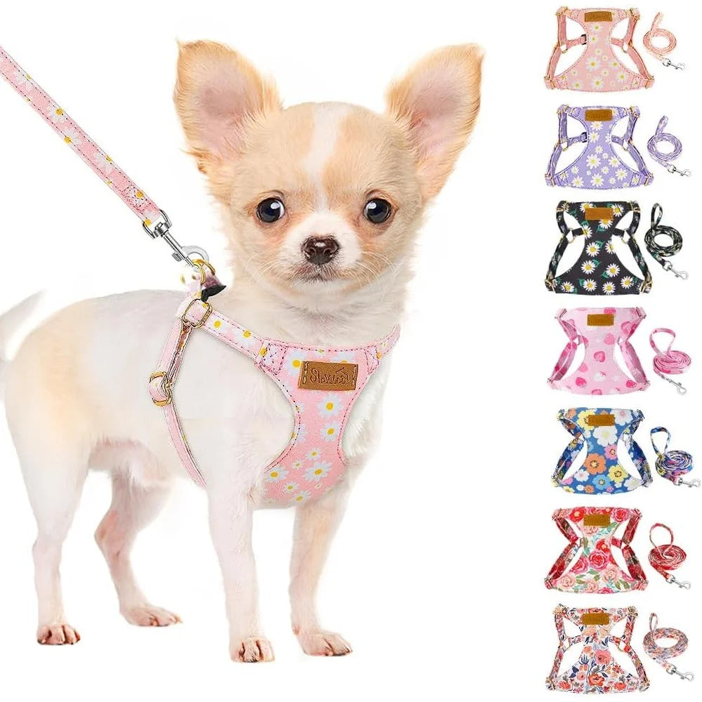 No Pull Dog Harness Adjustable Lightweight Soft Floral Pattern Pet Safety Leash Step-in Design Perfect Small Medium Dogs