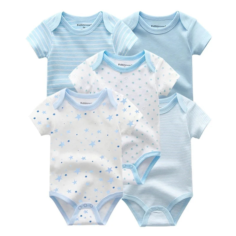 Summer 5 Piece Fashion Cartoon Boys and Girls Bodysuits 100% Cotton Soft Newborn Bodysuit Set